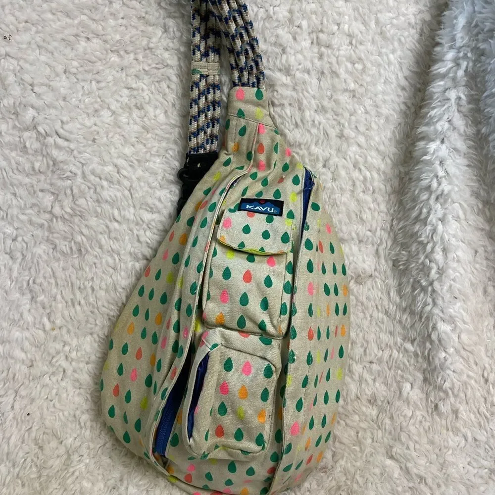 KAVU Rope Sling Backpack Canvas Beige Retro Muted Rainbow Raindrops